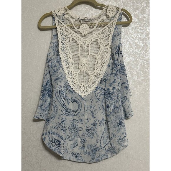 BCBG Maxazria Fashion Vest Cardigan Blue & White Paisley‎ Floral Lace Back S / M - Picture 2 of 6
